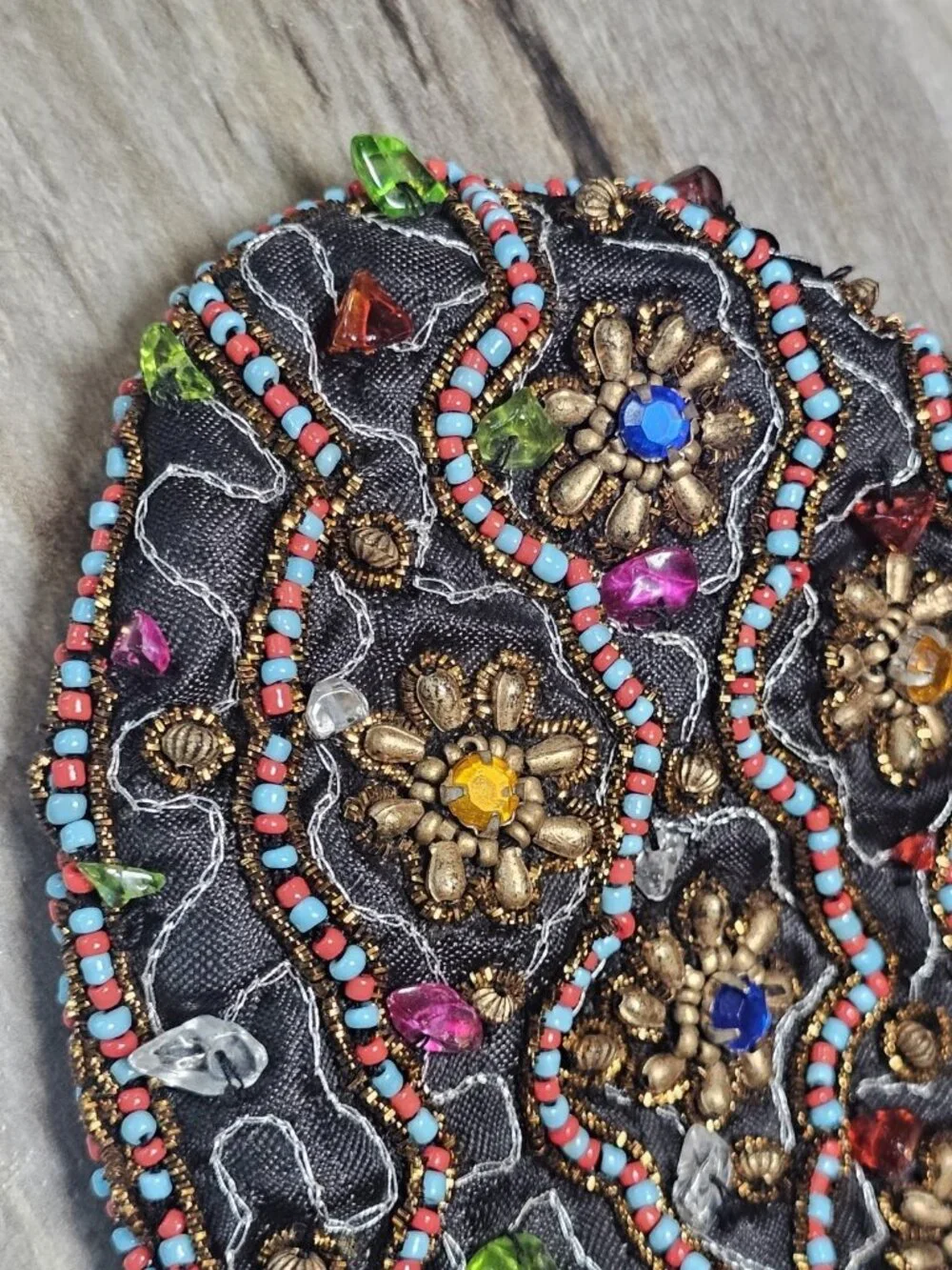 VTG Black Beaded Evening Bag Clutch Floral India